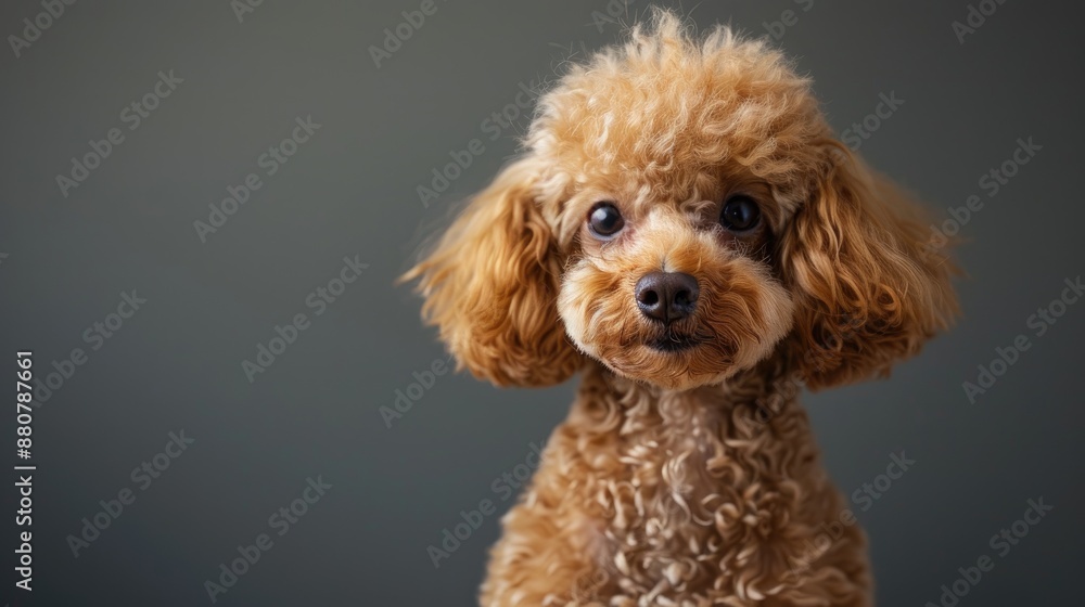 Portrait of an adorable small brown miniature poodle on a gray background Portrait of an adorable small brown miniature poodle on a gray background