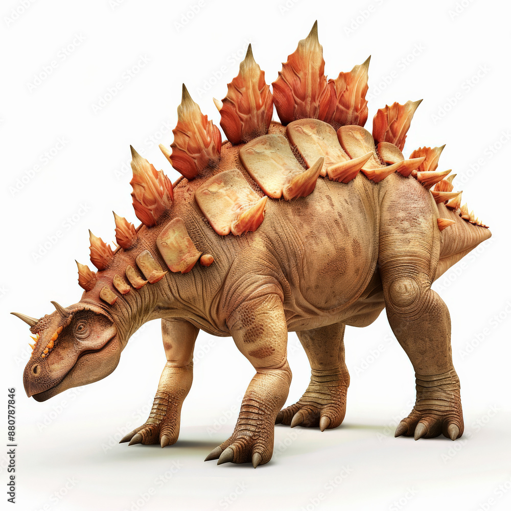 Fototapeta premium A gentle Stegosaurus with its signature row of bony plates along its back and spiked tail, isolated on white background.