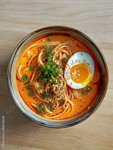 Glossy red Buldak Ramen noodles, a Korean dish trending on TikTok, erupt from a bowl. A soft-boiled egg waits to cool the fiery heat. photo