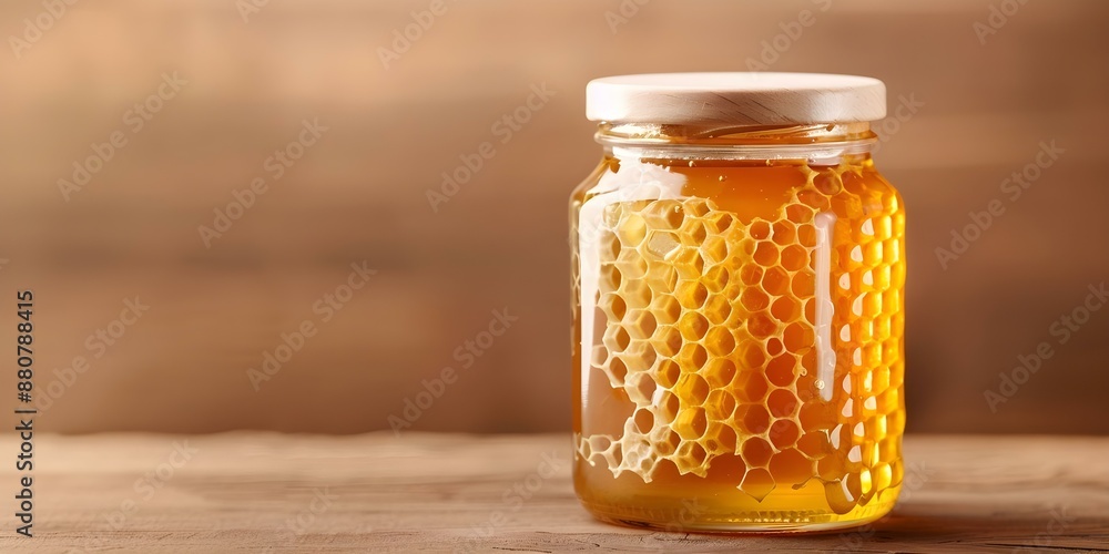Honeycomb Honey in a Glass Jar on Wooden Table with Space for Text. Concept Food Photography, Sweet Treats, Natural Ingredients, Farm Fresh, Rustic Decor Honeycomb Honey in a Glass Jar on Wooden Table with Space for Text. Concept Food Photography, Sweet Treats, Natural Ingredients, Farm Fresh, Rustic Decor