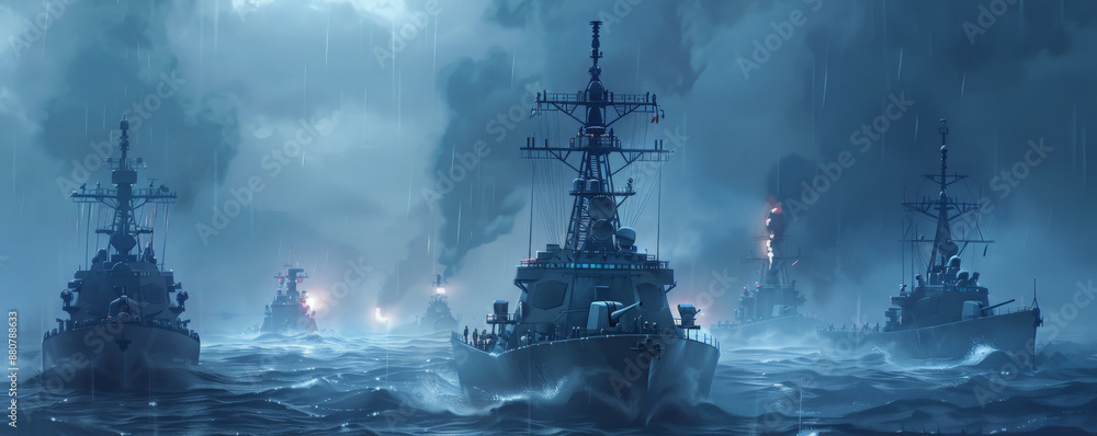 A banner showcasing a naval fleet with warships and submarines on patrol, representing maritime power and vigilance. A banner showcasing a naval fleet with warships and submarines on patrol, representing maritime power and vigilance.