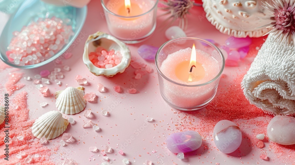 Home spa treatment setup with candles stones shells on pink backdrop Home spa treatment setup with candles stones shells on pink backdrop