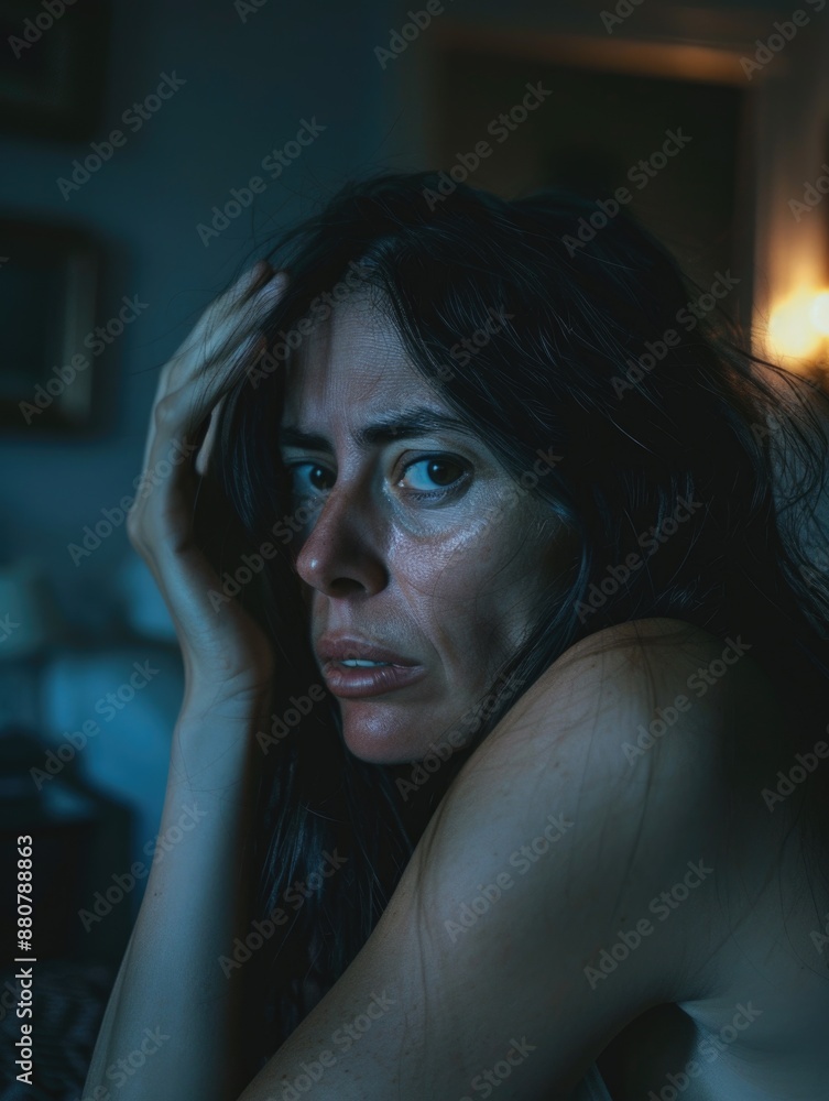 A woman sits on a bed with her head in her hands, possibly feeling stressed or overwhelmed A woman sits on a bed with her head in her hands, possibly feeling stressed or overwhelmed