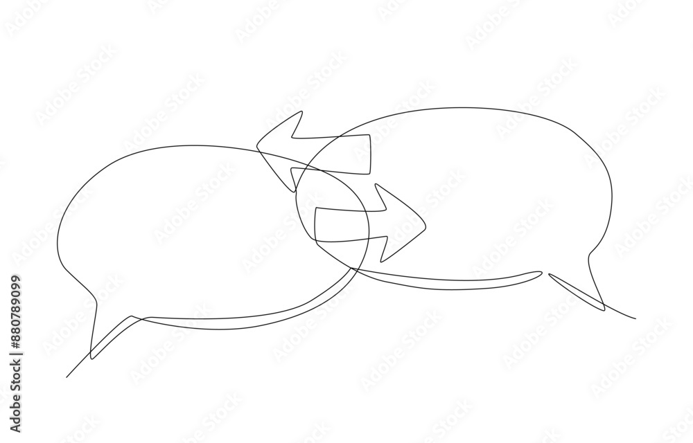 Continuous one line drawing of speech bubbles with arrows in opposite directions, exchange of opinions concept, single line art.
Continuous one line drawing of speech bubbles with arrows in opposite directions, exchange of opinions concept, single line art.