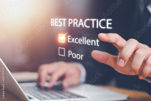 Businessman pressing Best Practice, Business, Technology, Internet and network concept. Best practice.Best practice concept. Manager (businessman, coach, leadership) plan to apply best practice method