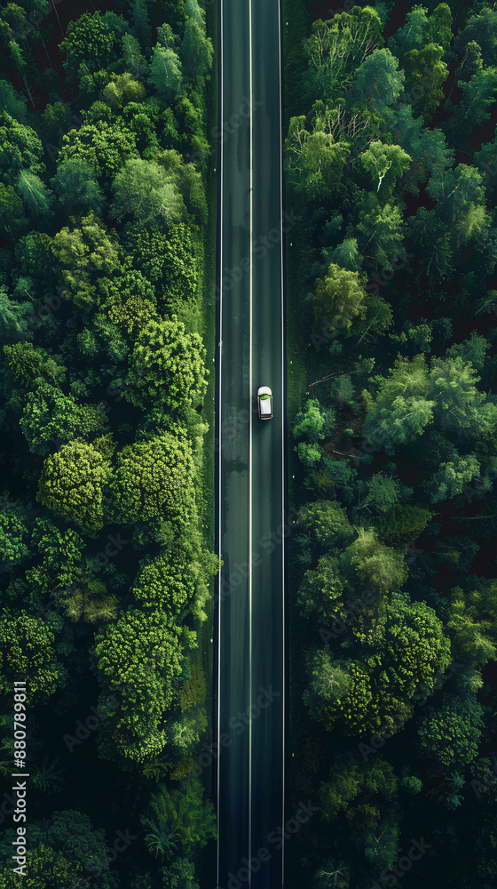 Drone view of highway with a lone automobile in the forest. Isolation or unknown road concept. Drone view of highway with a lone automobile in the forest. Isolation or unknown road concept.