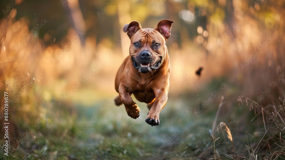 A brown dog runs freely in a lush green field, perfect for outdoor or nature-themed projects A brown dog runs freely in a lush green field, perfect for outdoor or nature-themed projects