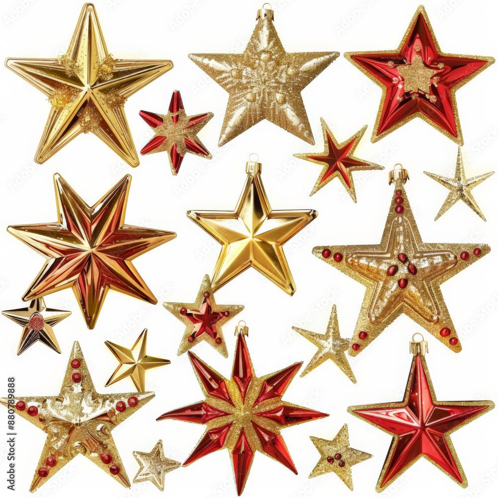 A collection of shiny gold and red Christmas stars in various sizes, isolated on white background. A collection of shiny gold and red Christmas stars in various sizes, isolated on white background.