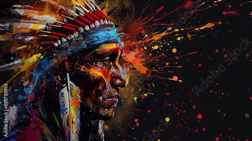 Native American in a Headress with Colorful Splashes