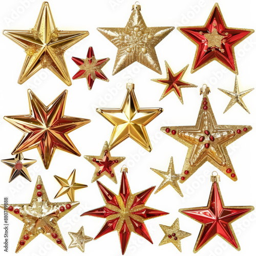 A collection of shiny gold and red Christmas stars in various sizes, isolated on white background.