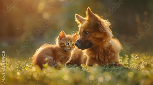 Cute ginger kitten and puppy plaing togheder on green grass photo