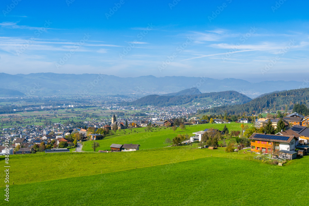 Fototapeta premium Village of Batschuns in the Rhein Valley, State of Vorarlberg, Austria, Drone Photography