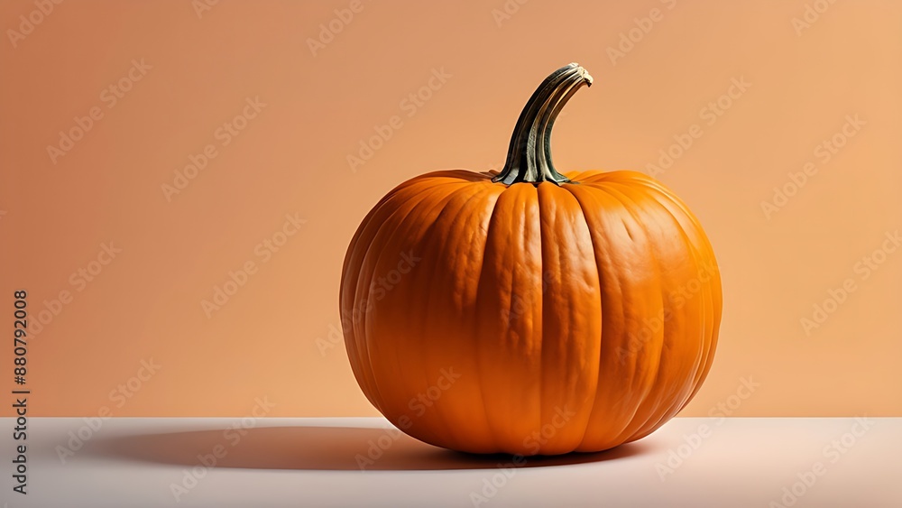 Orange pumpkin on soft orange background with shadow. Copy space. Autumn harvest, Thanksgiving, Halloween, and seasonal decoration concept Orange pumpkin on soft orange background with shadow. Copy space. Autumn harvest, Thanksgiving, Halloween, and seasonal decoration concept