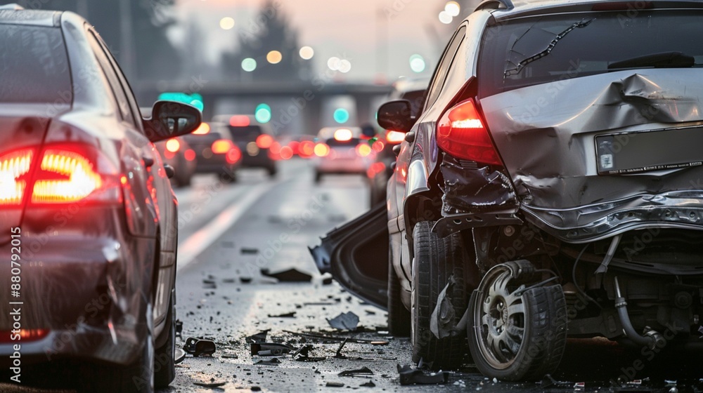 Two cars collide on a highway, with debris scattered and emergency services arriving Two cars collide on a highway, with debris scattered and emergency services arriving