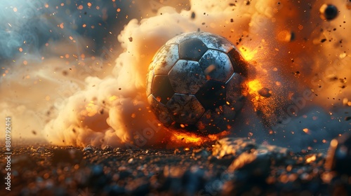 A soccer ball is in the middle of a large explosion, surrounded by debris. Concept of chaos and destruction, with the soccer ball being the only object that remains relatively unscathed photo