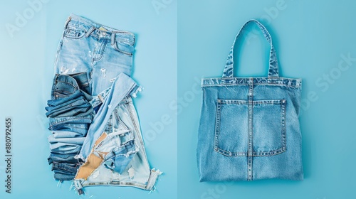 Denim jeans and a tote bag on a light blue background