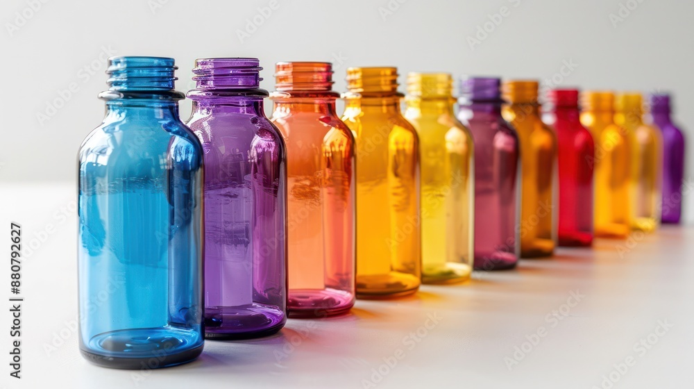A row of colorful glass bottles lined up on a table A row of colorful glass bottles lined up on a table