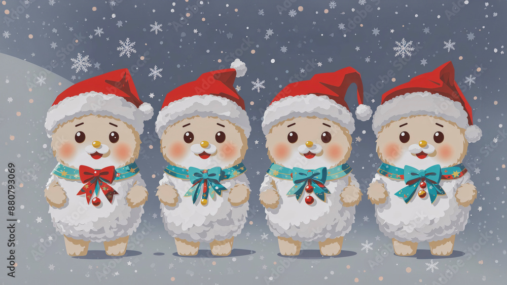 Whimsical Christmas Gift Wrap: Cartoon Bears in Santa Hats and Bows Standing in Snowflakes. Whimsical Christmas Gift Wrap: Cartoon Bears in Santa Hats and Bows Standing in Snowflakes.