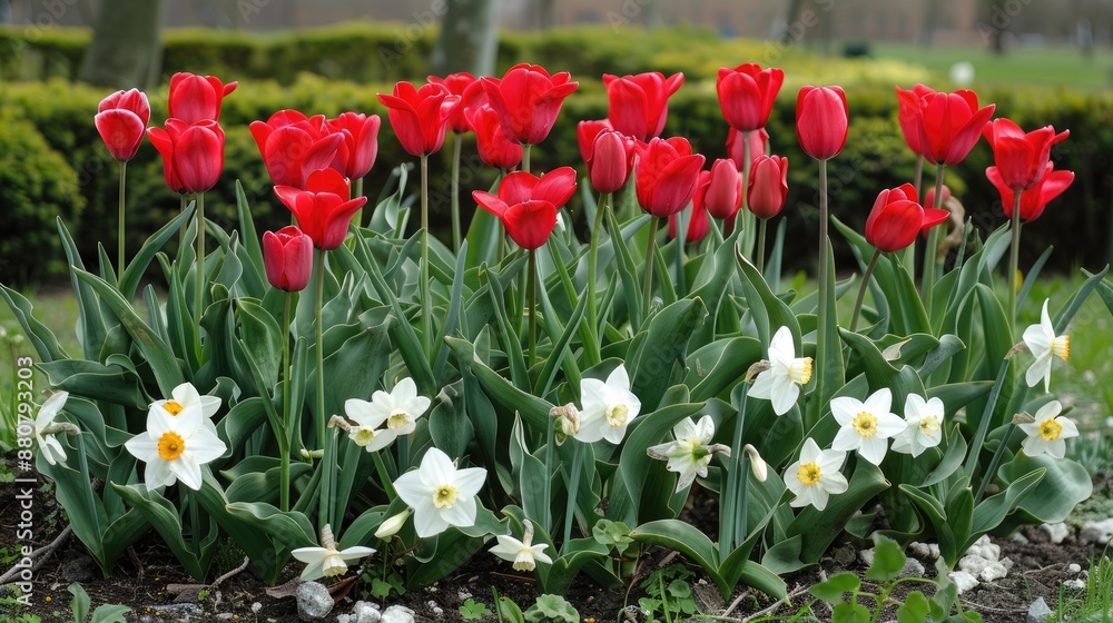 Fototapeta premium Red tulips and white daffodils in a flower bed