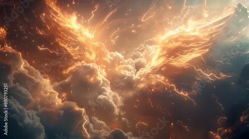 Phoenix rising from the clouds in light