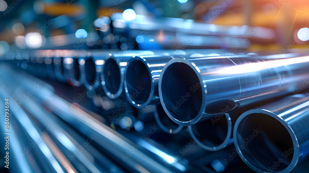 Long steel pipes arranged diagonally in an industrial factory. Long steel pipes arranged diagonally in an industrial factory.