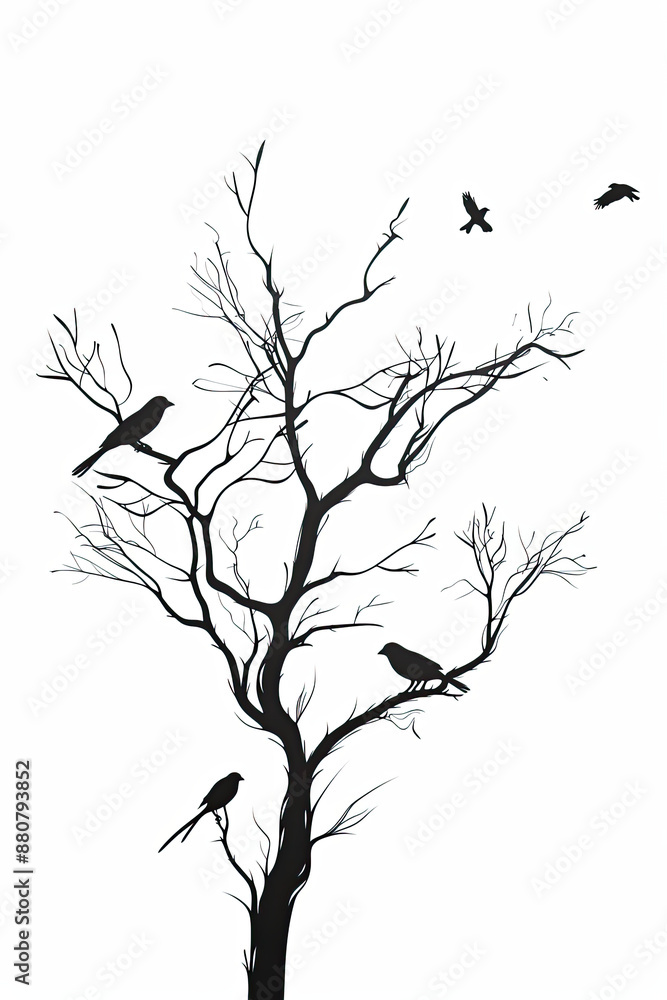 Fototapeta premium A black and white sketch of a tree with birds perched on its branches