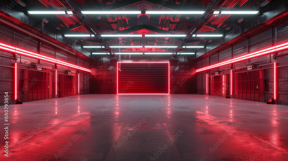 Metal Barn Warehouse Door: The foreground showcases a large, imposing metal barn warehouse door. The door is futuristic in design, possibly adorned with neon lights or electric red accents Metal Barn Warehouse Door: The foreground showcases a large, imposing metal barn warehouse door. The door is futuristic in design, possibly adorned with neon lights or electric red accents