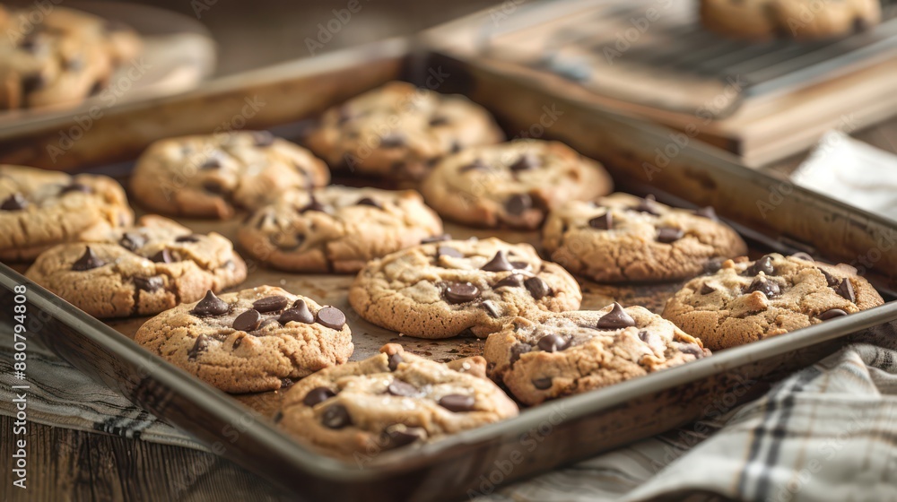 A person is holding a tray of chocolate chip cookies A person is holding a tray of chocolate chip cookies