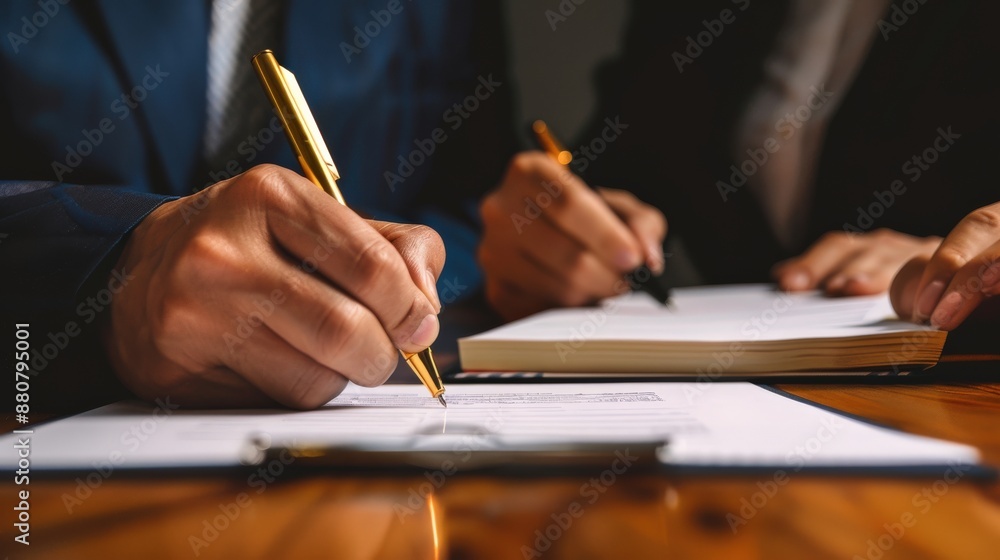 Close-up of hands signing a legal contract with a golden pen Close-up of hands signing a legal contract with a golden pen