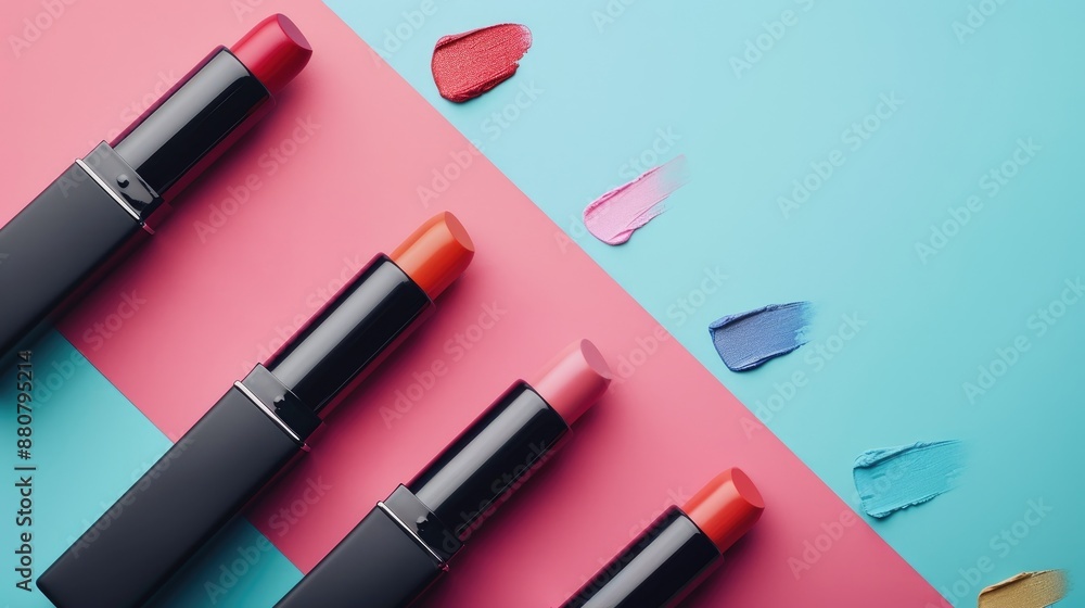 Obraz premium Variety of lipsticks on colorful surface arranged flat