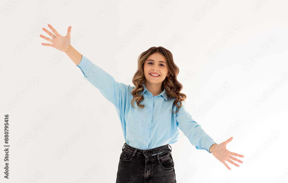Portrait of a happy young girl with outstretched hands to embrace you isolated on a white background Portrait of a happy young girl with outstretched hands to embrace you isolated on a white background