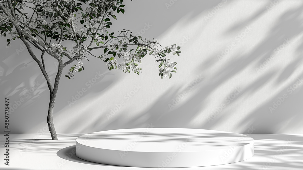 3D white product podium presentation with white background and tree ...