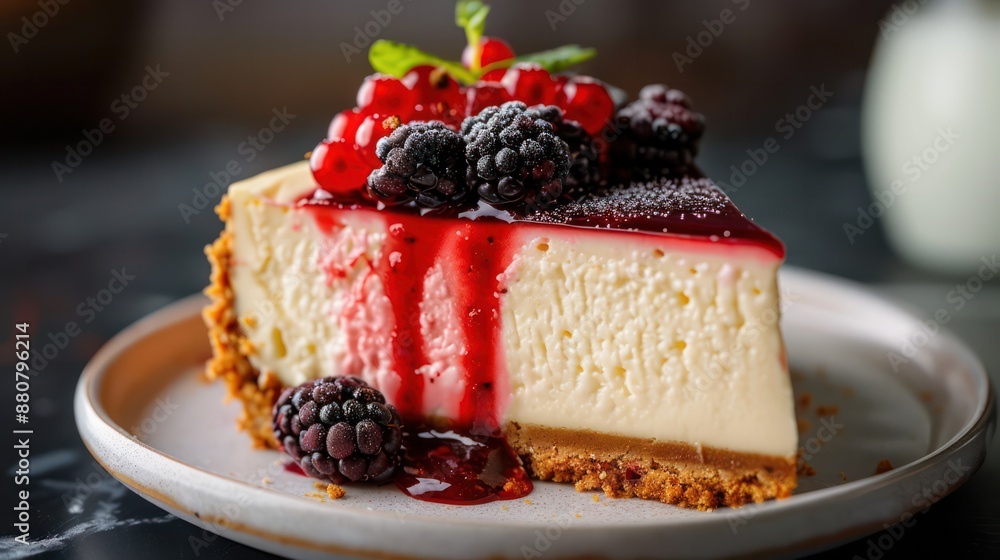 A delicious looking cheesecake with raspberries and blackberries on top A delicious looking cheesecake with raspberries and blackberries on top