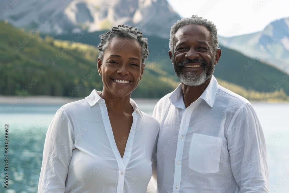 Portrait of a smiling afro-american couple in their 60s wearing a classic white shirt isolated in serene lakeside view Portrait of a smiling afro-american couple in their 60s wearing a classic white shirt isolated in serene lakeside view