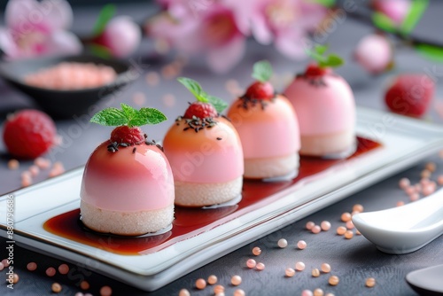 Indulge in the Exquisite Flavor Essence of Delectable Japanese Mochi A Refined Delight with Layers of Sweetness and a Touch of Tartness Each Bite Offers a Symphony of Textures and Flavors, Perfectly photo