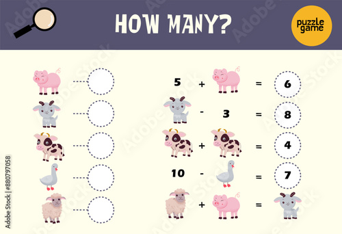 How many game with farm animals. Math worksheet activity for preschool children. Printable simple counting for kids