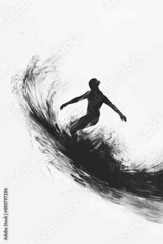 A black and white sketch of a surfer riding a wave