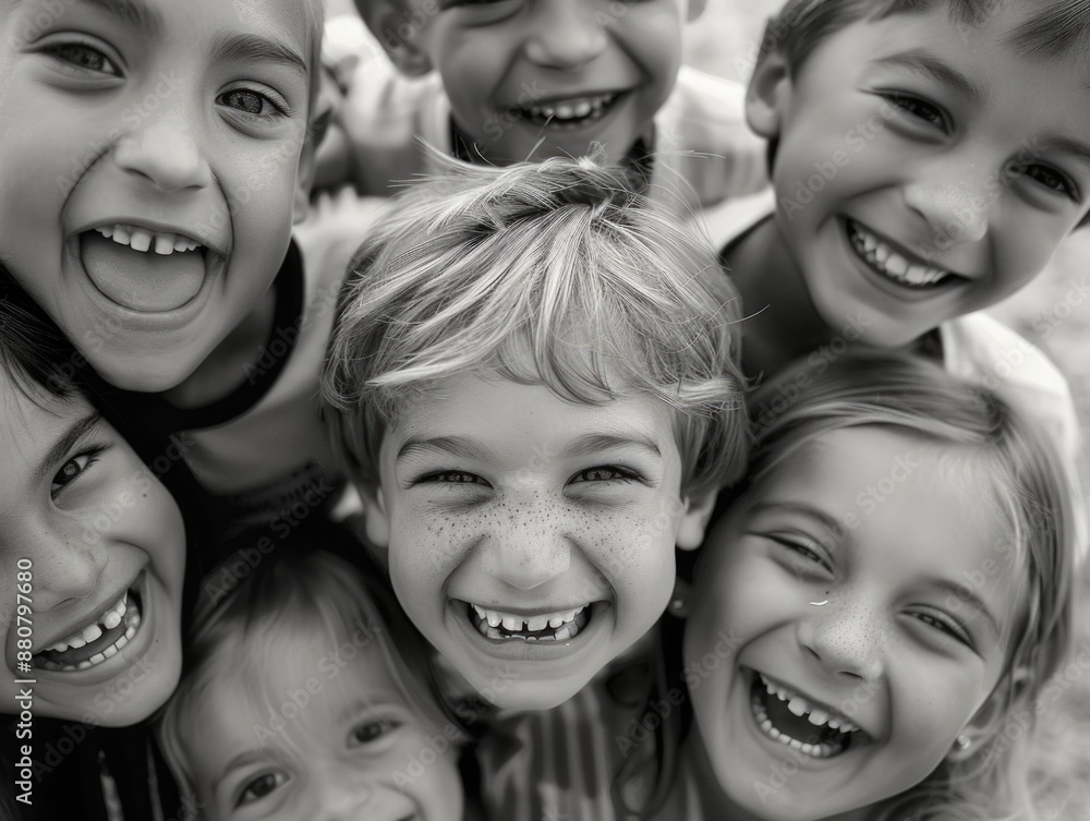 Group of children posing together in monochrome, great for educational or nostalgic purposes