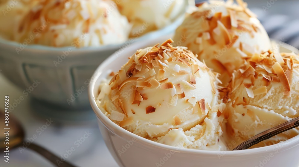 A bowl of ice cream with coconut flakes on top A bowl of ice cream with coconut flakes on top