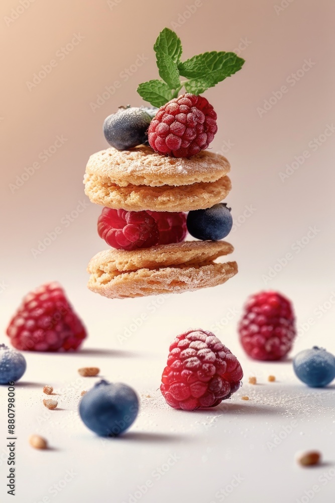 A stack of fresh raspberries and blueberries topped with powdered sugar, perfect for snacking or decorating desserts A stack of fresh raspberries and blueberries topped with powdered sugar, perfect for snacking or decorating desserts