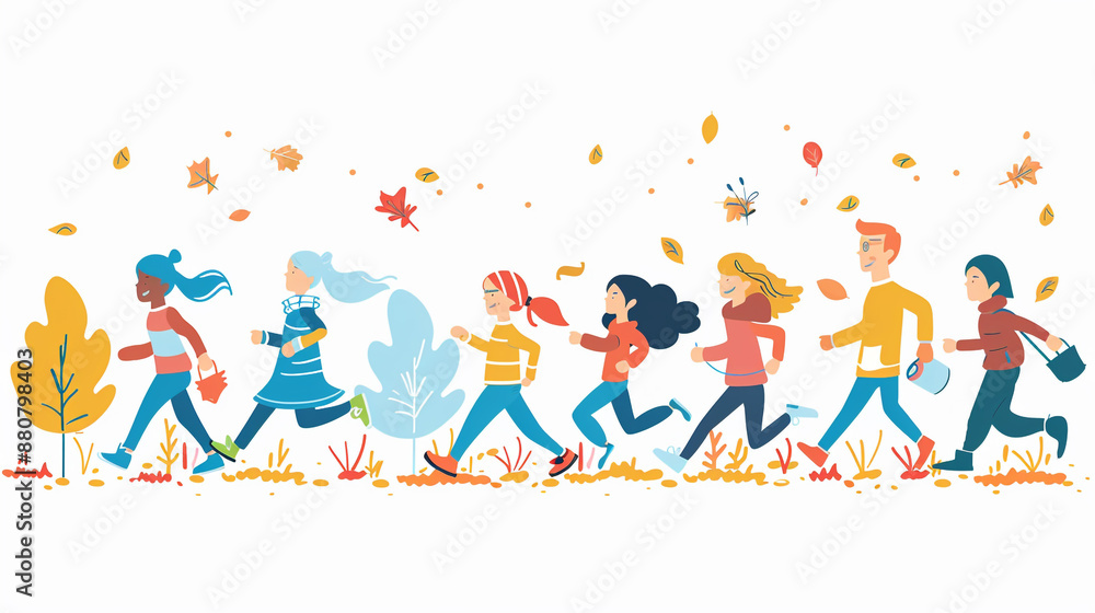 Fototapeta premium Children's drawings show a family and friends jogging. Cartoon style and white background.