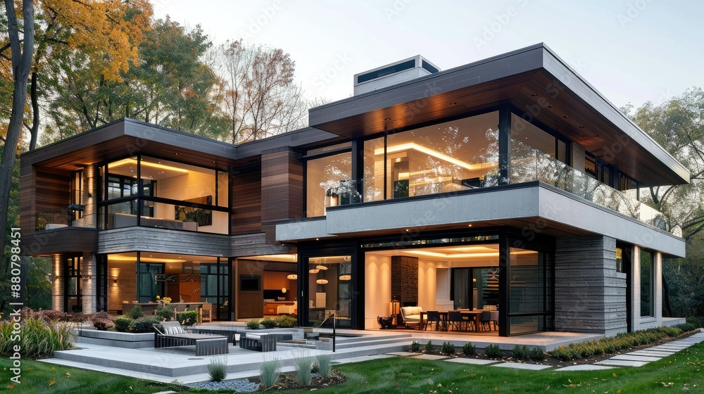 Contemporary house with a flat roof and large, open spaces Contemporary house with a flat roof and large, open spaces
