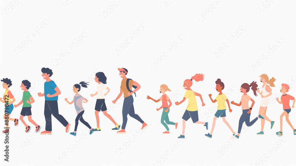 Children's drawings show a family and friends jogging. Cartoon style and white background. Children's drawings show a family and friends jogging. Cartoon style and white background.