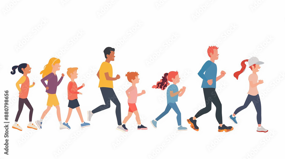 Children's drawings show a family and friends jogging. Cartoon style and white background. Children's drawings show a family and friends jogging. Cartoon style and white background.