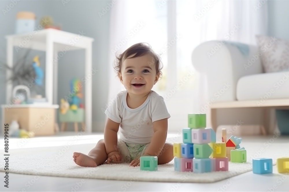 Happy excited adorable amused cute baby plays with colorful toys on the floor at home Happy excited adorable amused cute baby plays with colorful toys on the floor at home