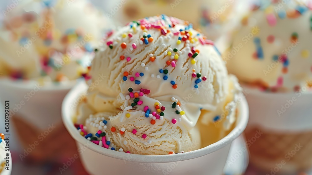 Close-up of vanilla ice cream with rainbow sprinkles. Close-up of vanilla ice cream with rainbow sprinkles.
