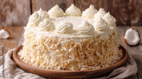 Coconut cake with coconut flakes and a creamy frosting.