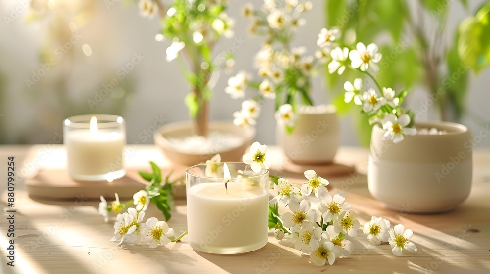 Aromatic Primrose and Molasses Scented Candles Arrangement on Wooden Table Aromatic Primrose and Molasses Scented Candles Arrangement on Wooden Table