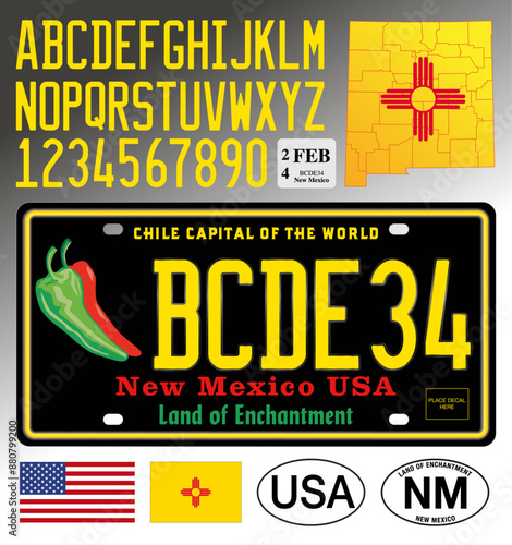 New Mexico car chili black style License Plate, letters, numbers and symbols, vector illustration, USA, United States
