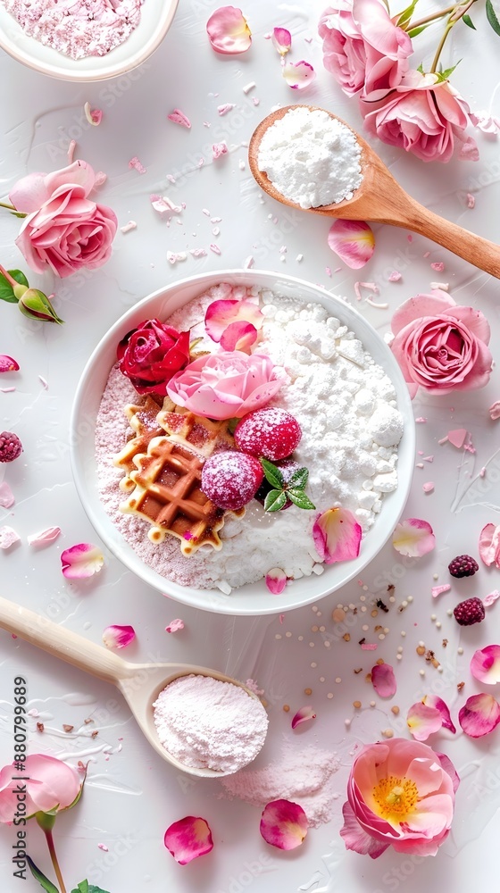 Tempting Waffle Mix with Rose Flowers in Rustic Setting Tempting Waffle Mix with Rose Flowers in Rustic Setting